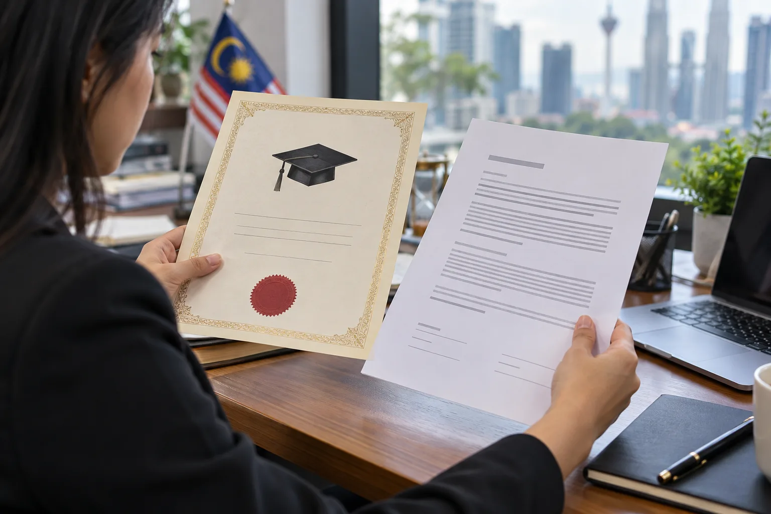 Ilustrasi AI: graduan meneliti dokumen tawaran kerja.