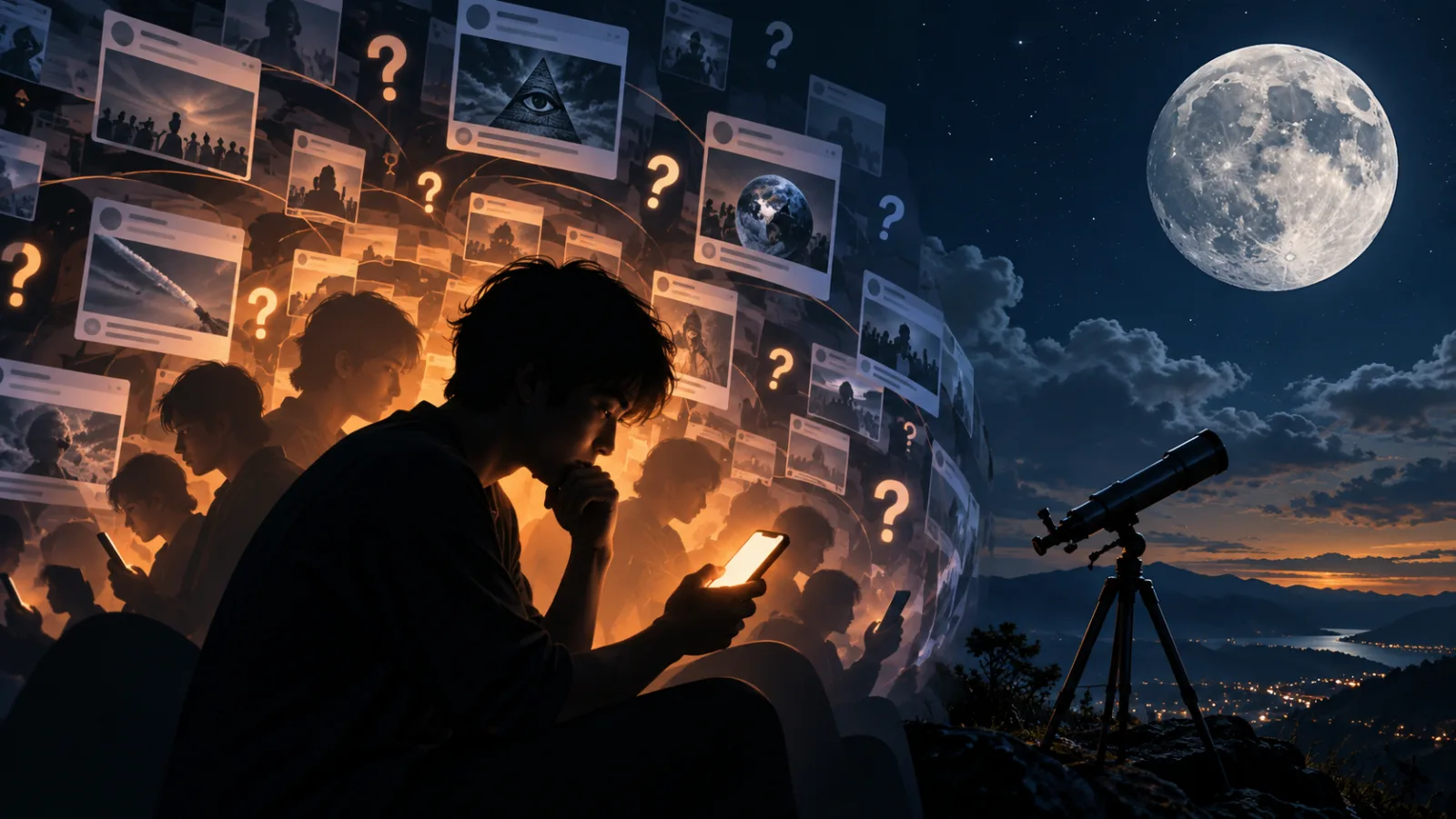 Ilustrasi AI tentang media sosial, pertanyaan dan pemerhatian Bulan
