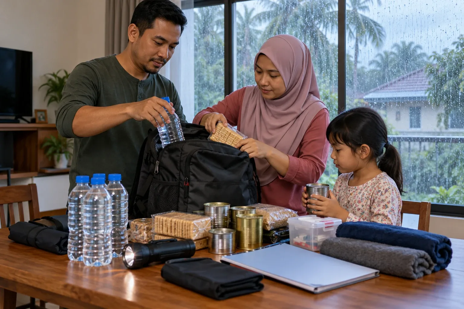 Ilustrasi AI: Keluarga rekaan menyediakan bekalan kecemasan untuk musim hujan