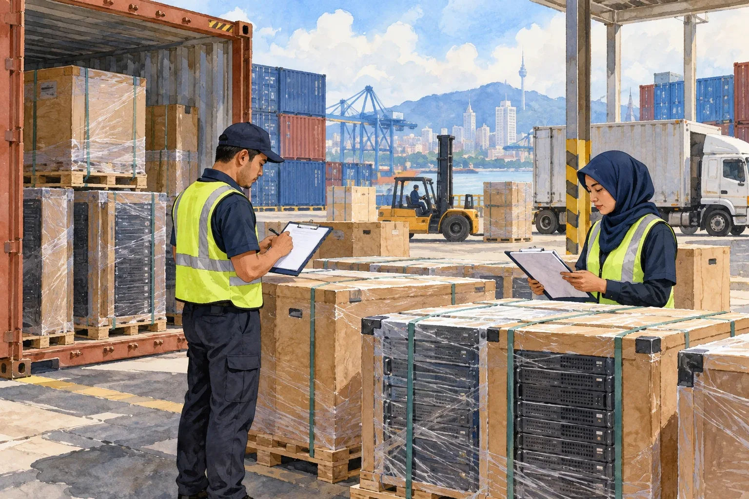 Ilustrasi AI: Pekerja logistik rekaan memeriksa dokumen penghantaran.