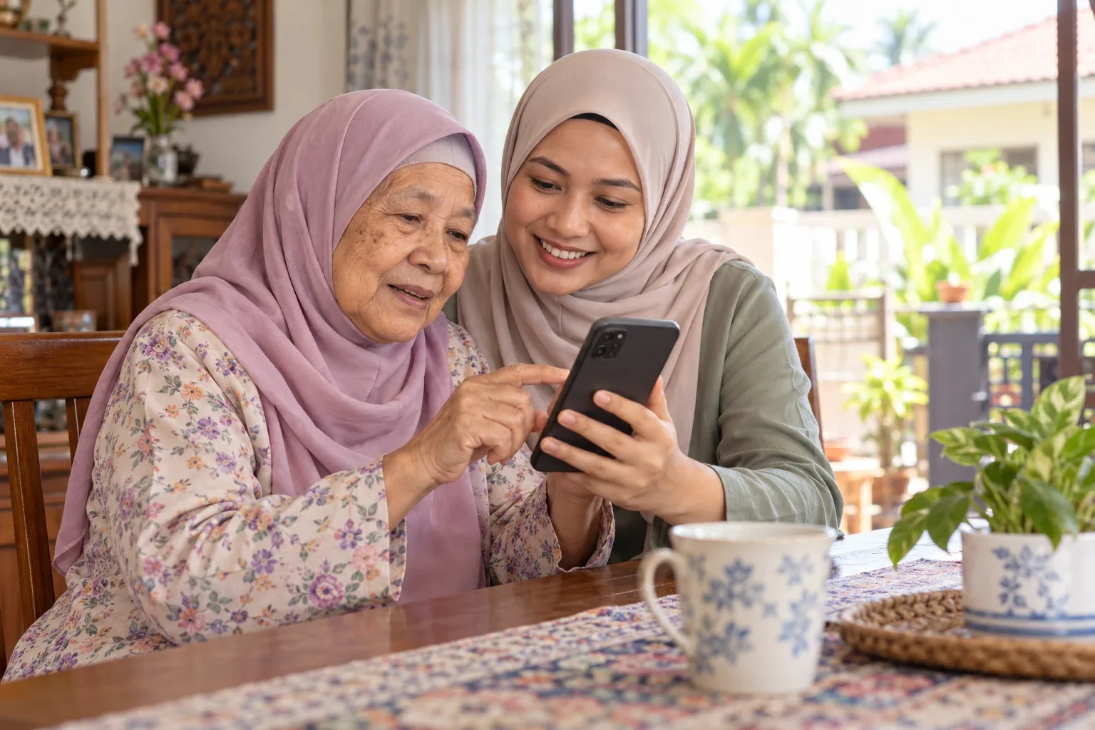Ilustrasi AI: Sokongan keluarga membantu warga emas menggunakan teknologi.