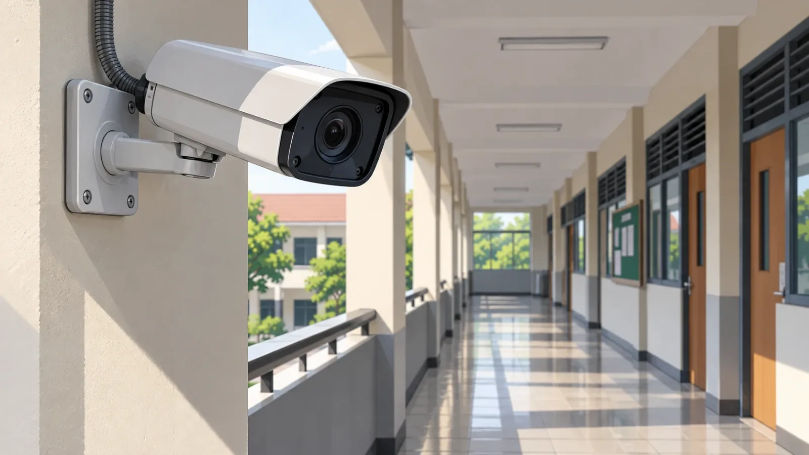 Ilustrasi AI: Kamera CCTV di koridor sekolah rekaan. Bukan foto lokasi kejadian di Yong Peng.