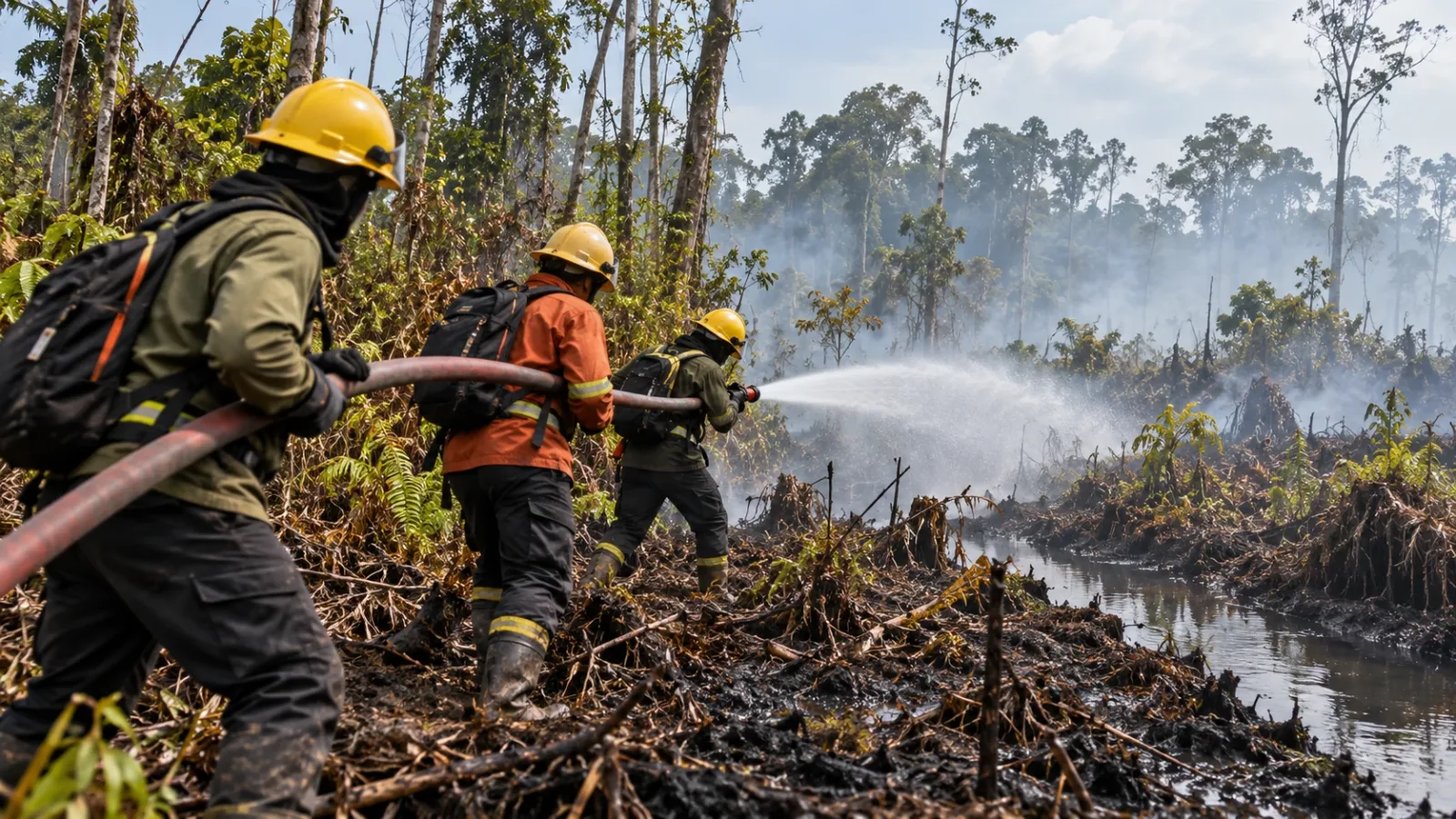 Ilustrasi AI: Gambaran umum kerja pemadaman di kawasan hutan. Bukan rakaman penempatan pasukan Malaysia di Indonesia.