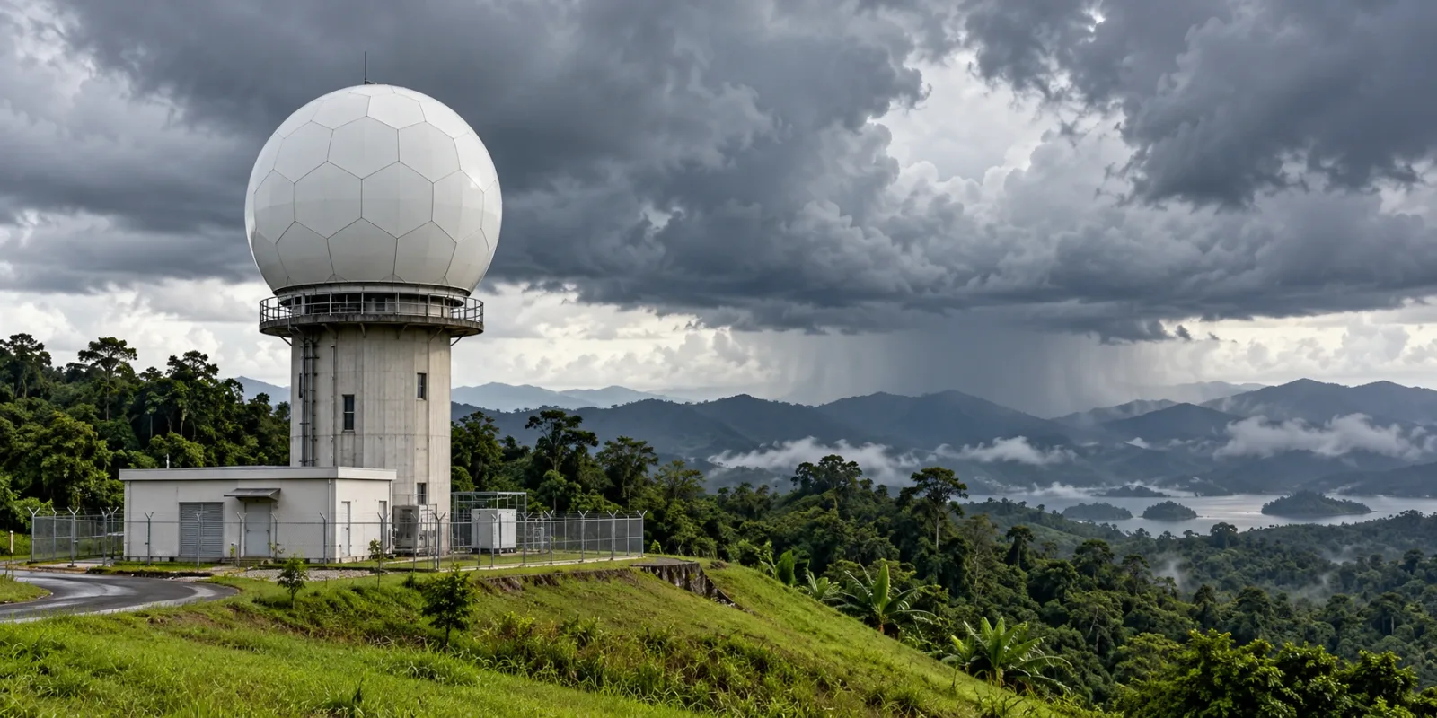 Ilustrasi AI: Gambaran kemudahan radar cuaca rekaan; bukan foto radar MetMalaysia atau rakaman keadaan semasa.