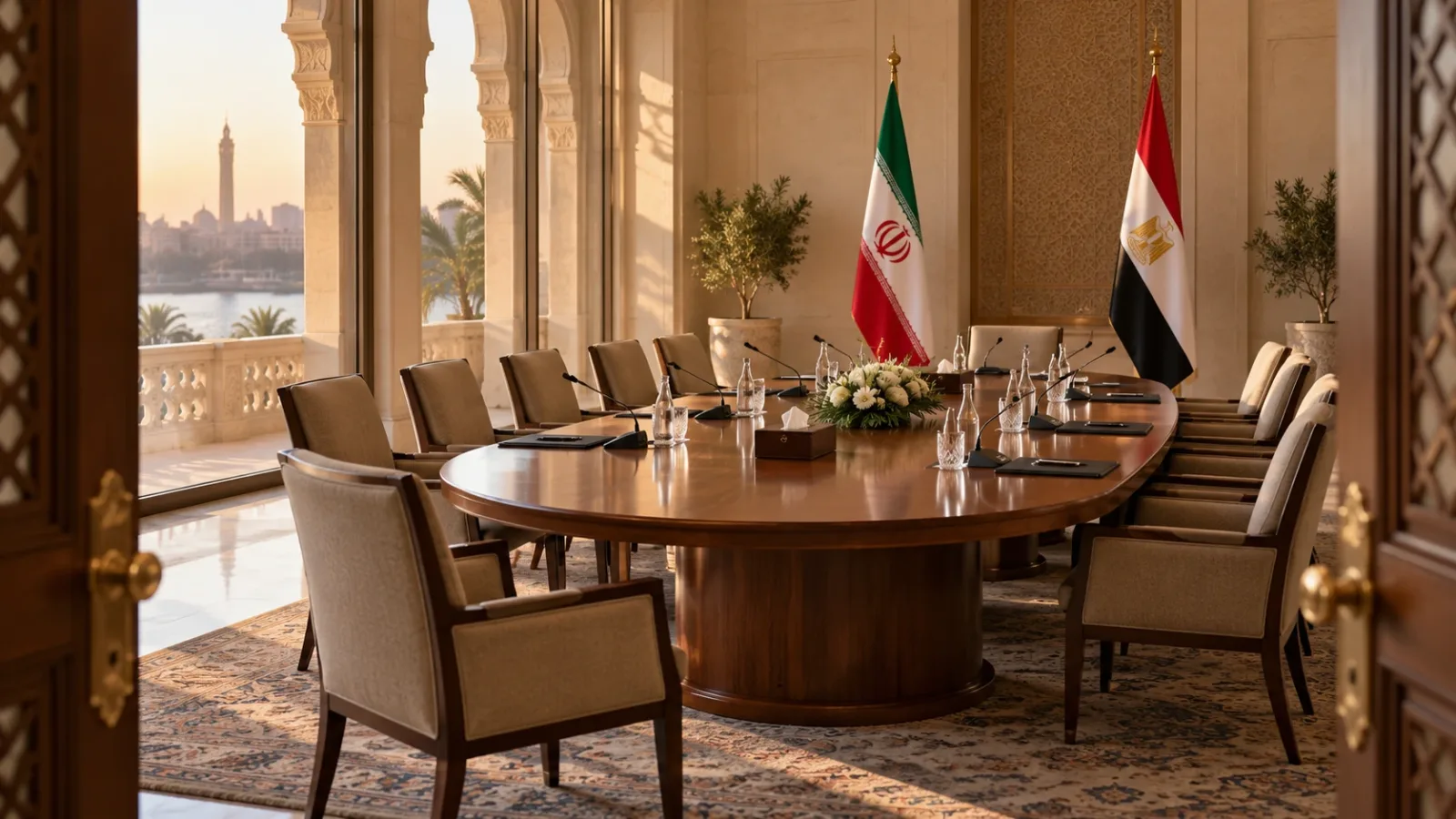 Ilustrasi AI ruang rundingan diplomatik rekaan; bukan foto pertemuan menteri luar Iran dan Mesir.