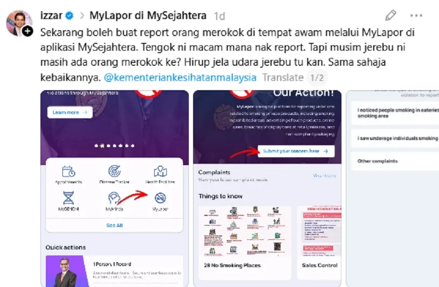 Tangkap layar perkongsian pengguna mengenai MyLapor
