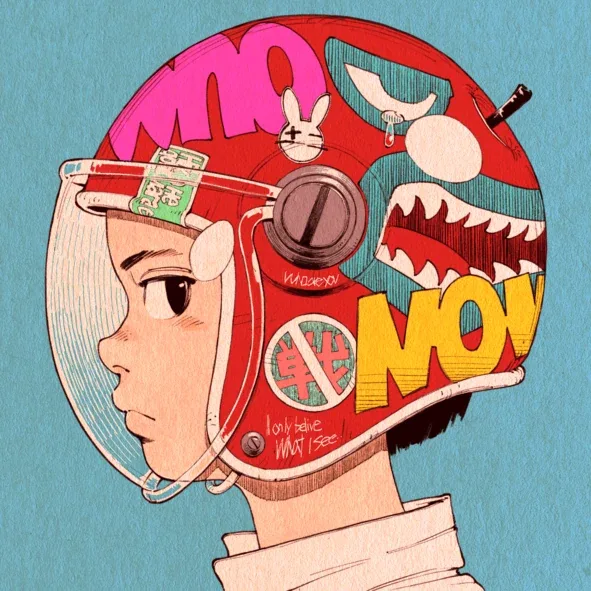 Karya ilustrasi potret berhelmet berwarna-warni