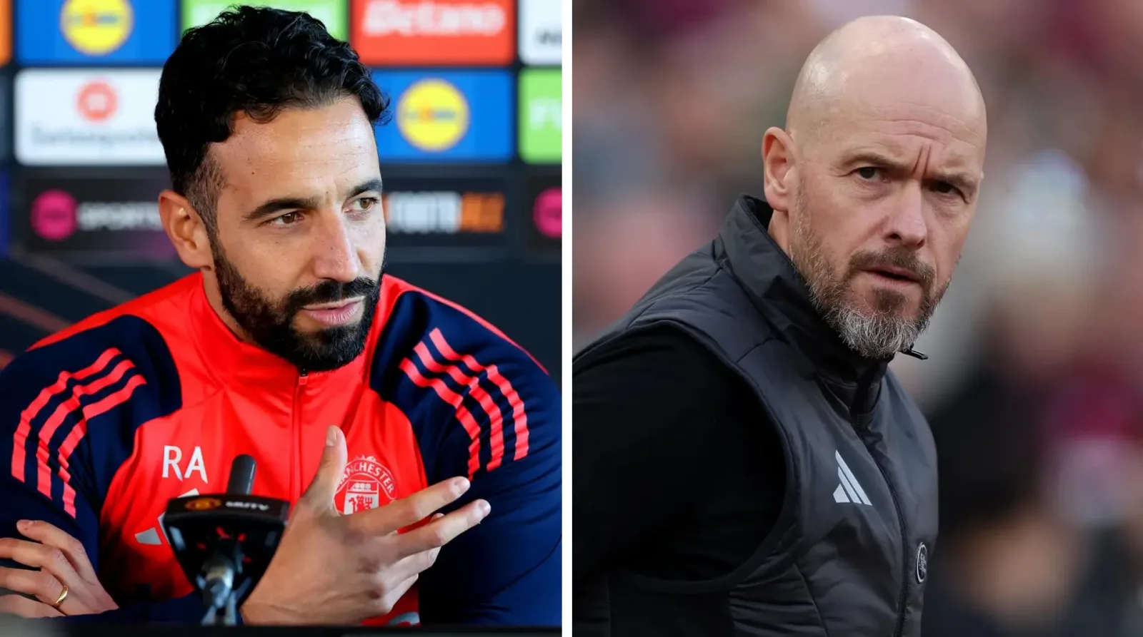 R&uacute;ben Amorim (kiri) dan Erik ten Hag antara pengurus yang pernah mengendalikan Manchester United.